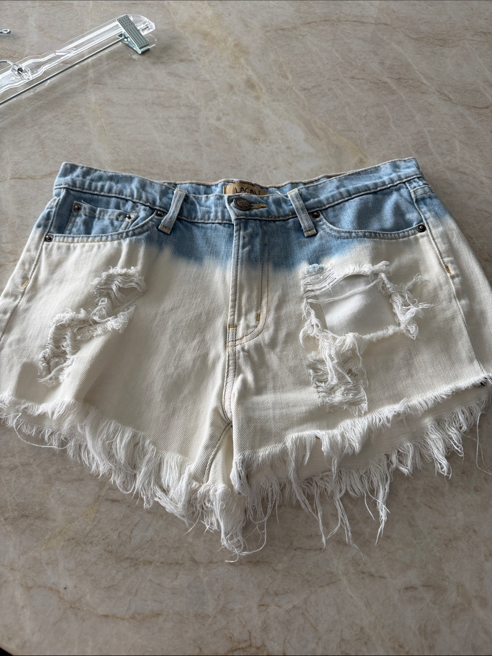 Macau White and Light Blue Distressed Denim Jean Shorts